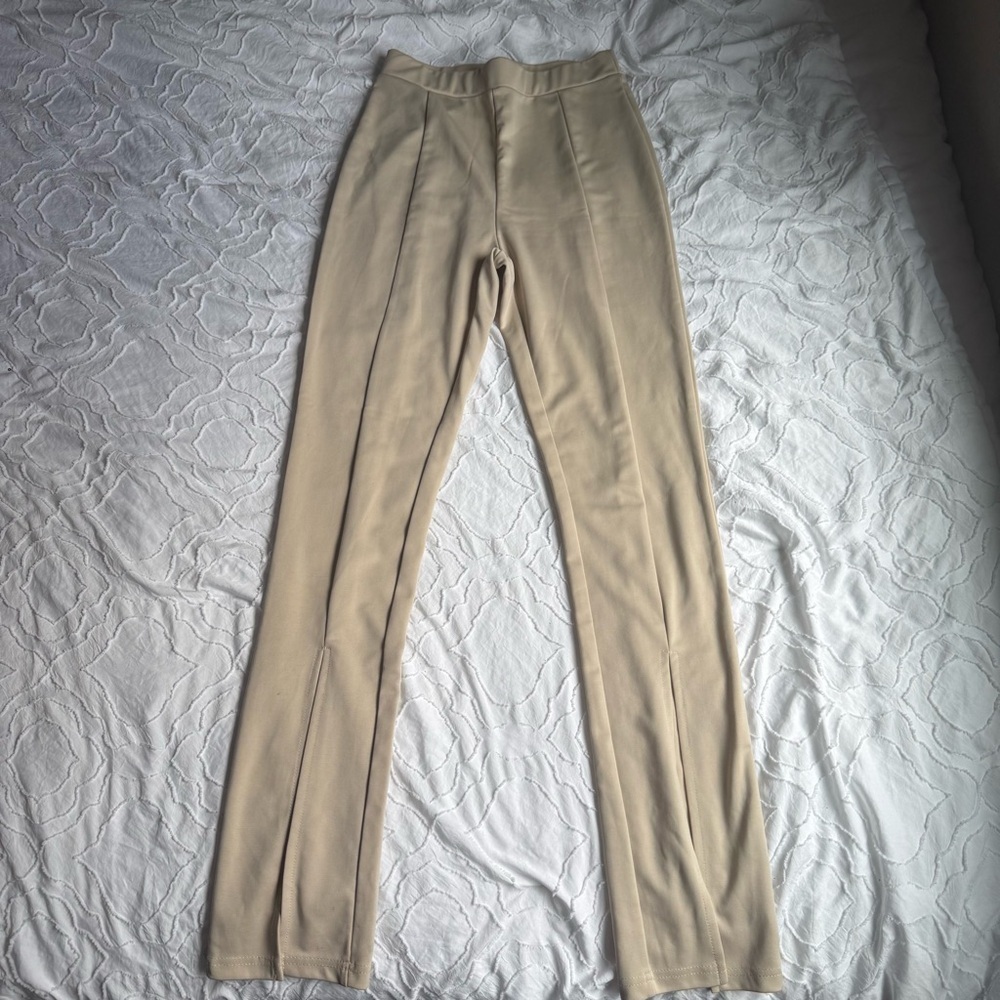 SHEIN Cream High-Waisted Trousers Slit Ankle Detail Flattering